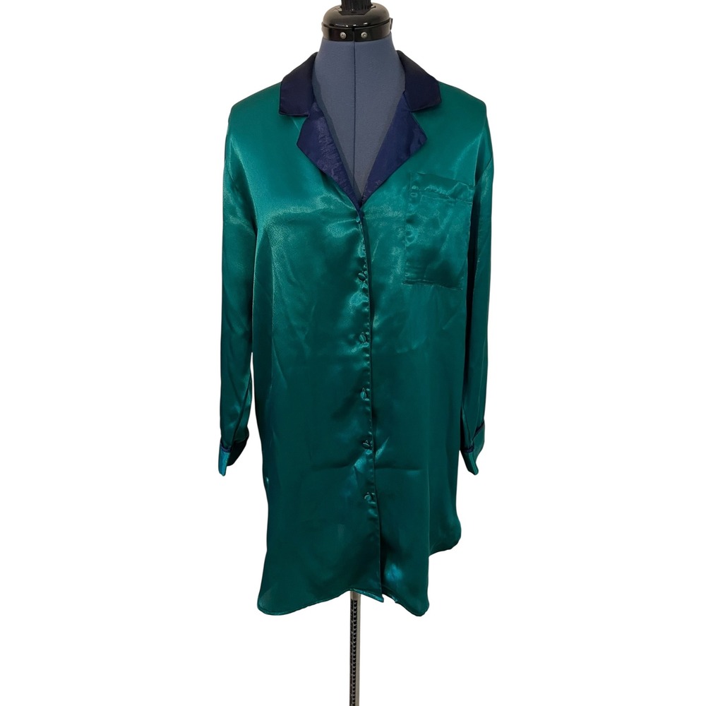 Vtg Victorias Secret Green Satin Sleep Shirt Gold Label Oversized Vacation 90s S